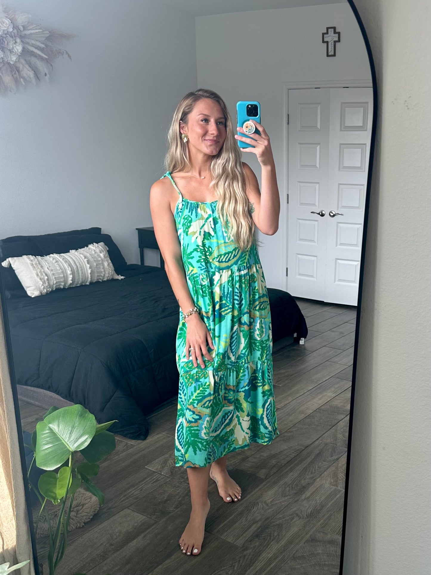 Tropical Printed Midi Dress - Green