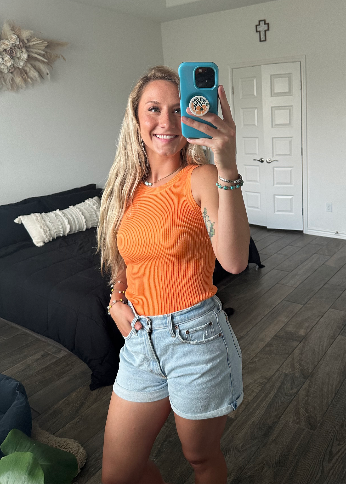 Tangerine High Neck Ribbed Knit Tank