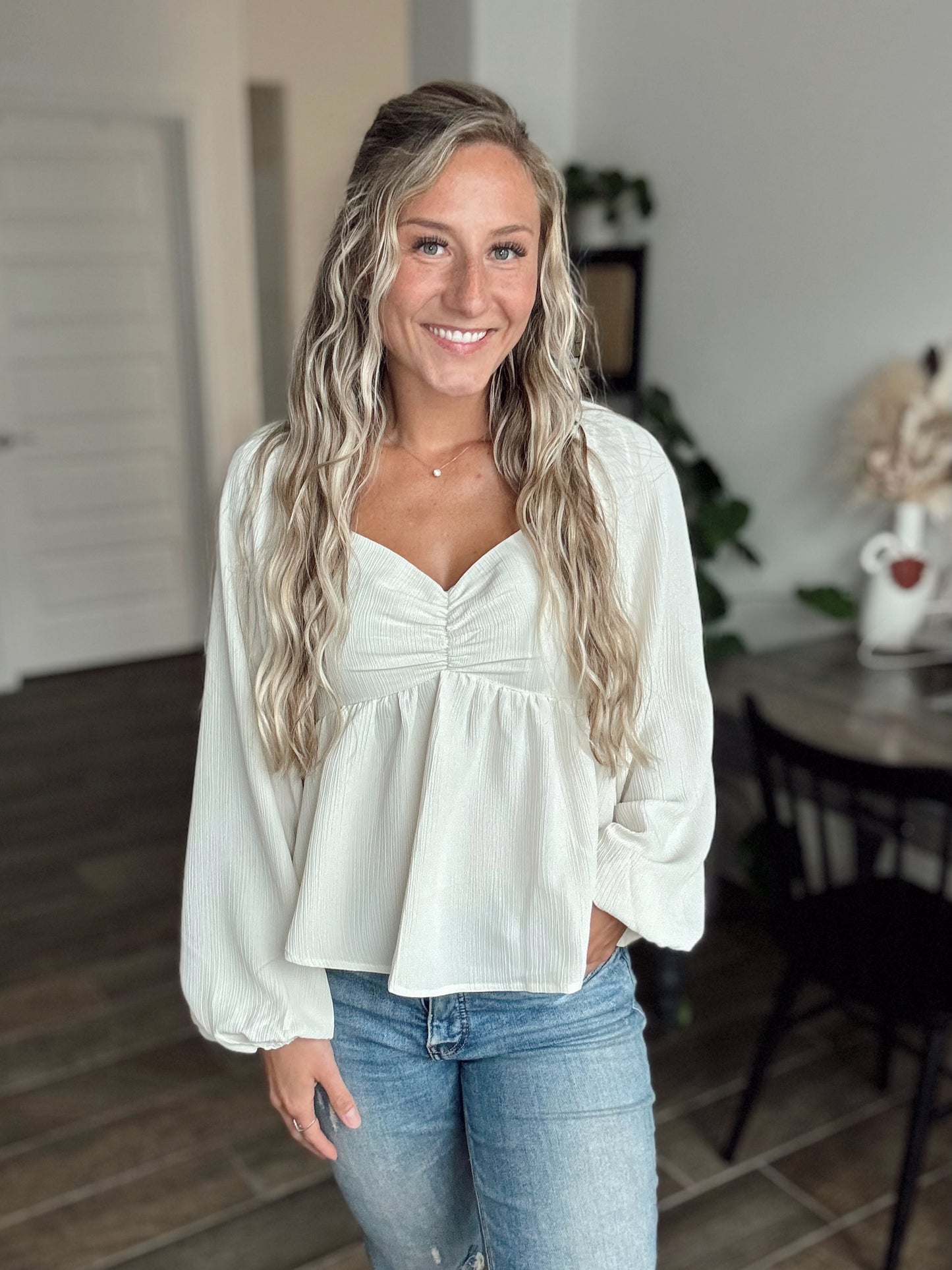 Ivory Crinkle Babydoll Blouse