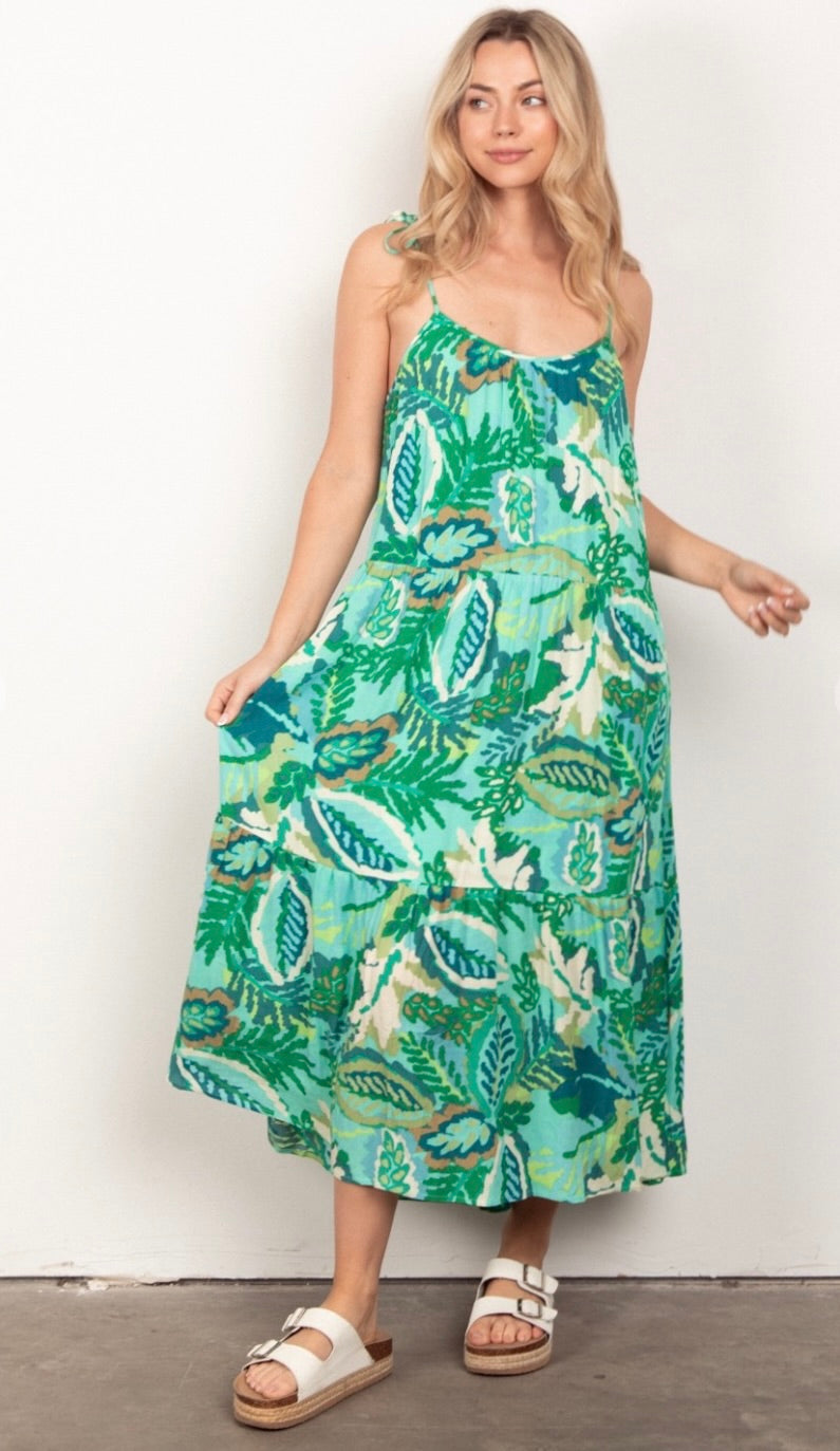 Tropical Printed Midi Dress - Green