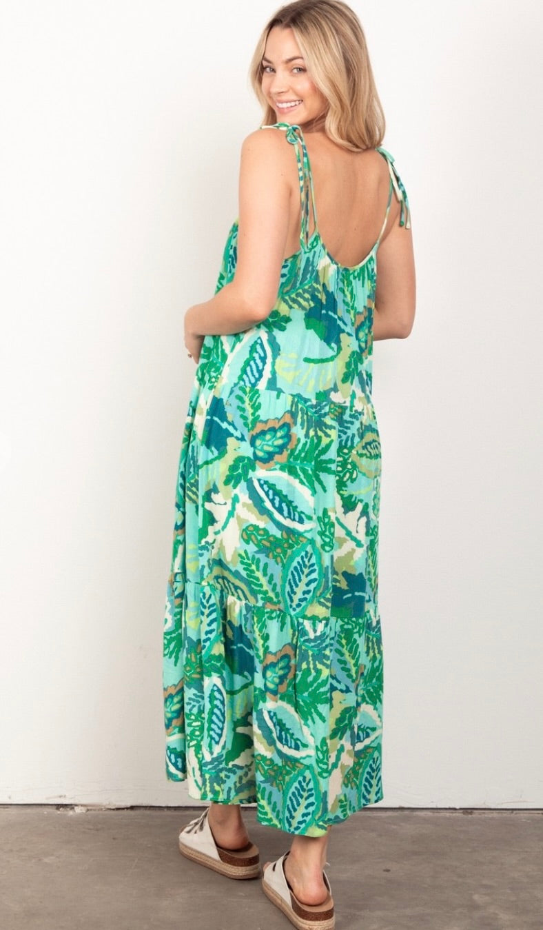 Tropical Printed Midi Dress - Green