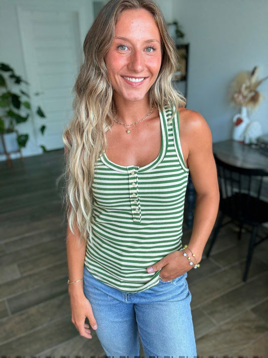 Exposed Seam Rib Tank - Green Stripe