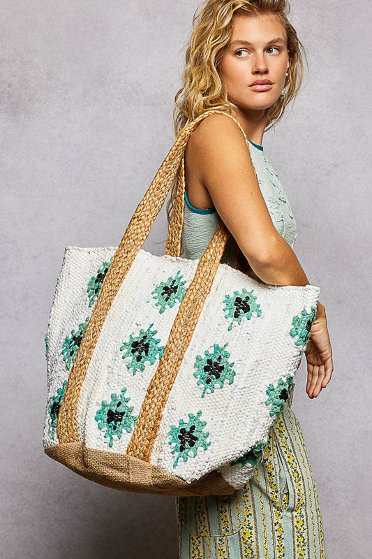 Jumbo Cotton Weave Tote Bag - Teal Ikat