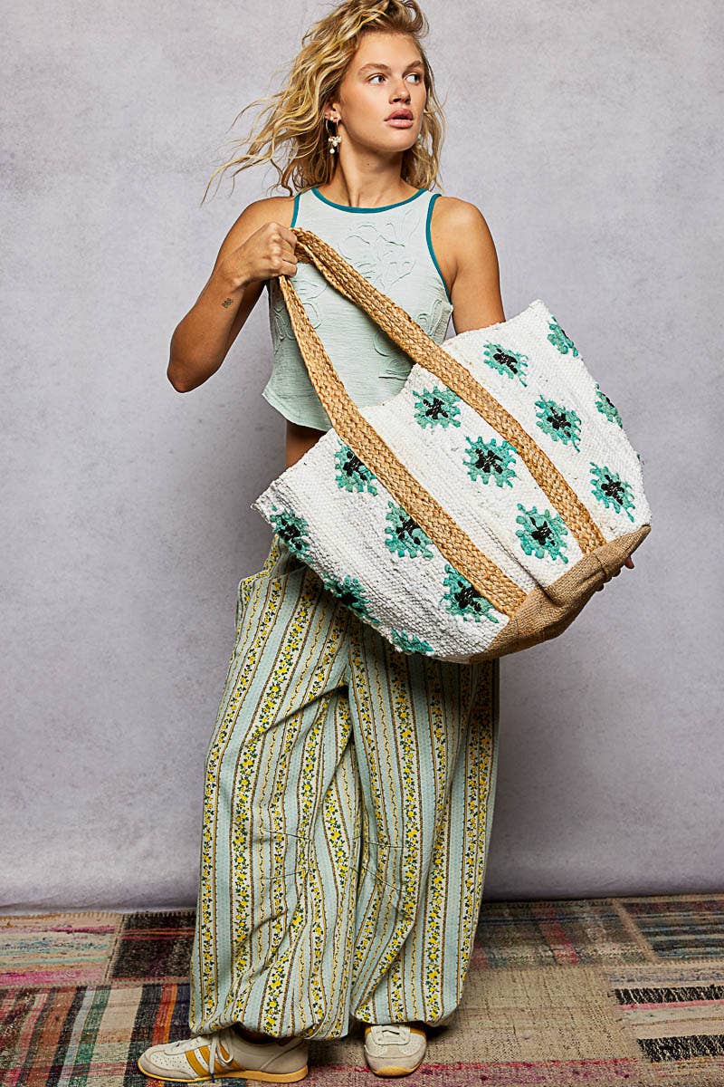 Jumbo Cotton Weave Tote Bag - Teal Ikat