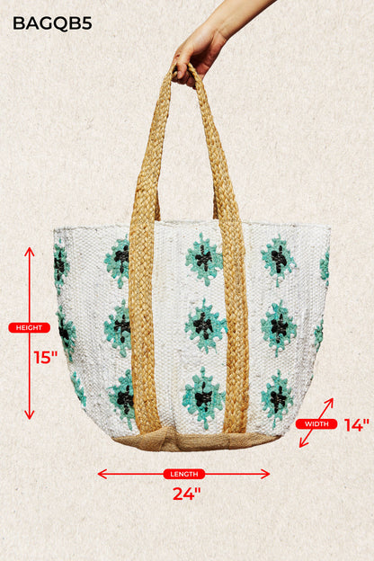 Jumbo Cotton Weave Tote Bag - Teal Ikat