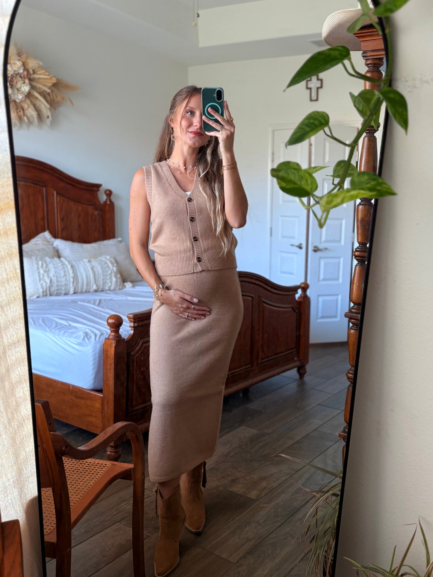 Latte Knit Vest & Midi Skirt Set