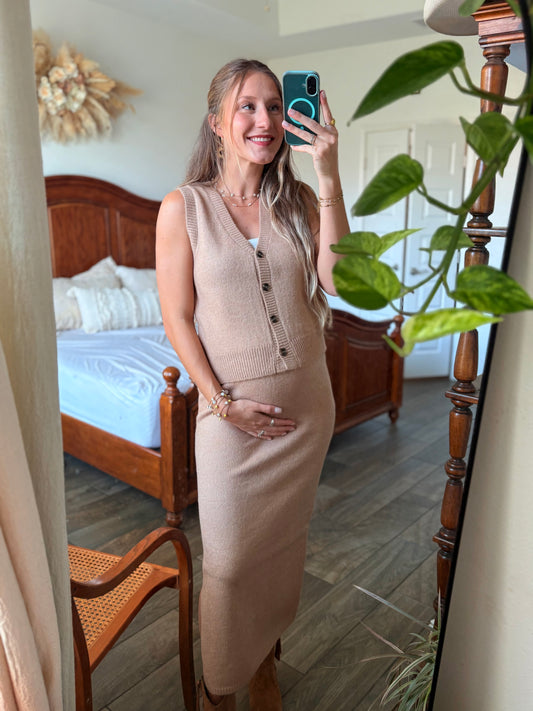 Latte Knit Vest & Midi Skirt Set