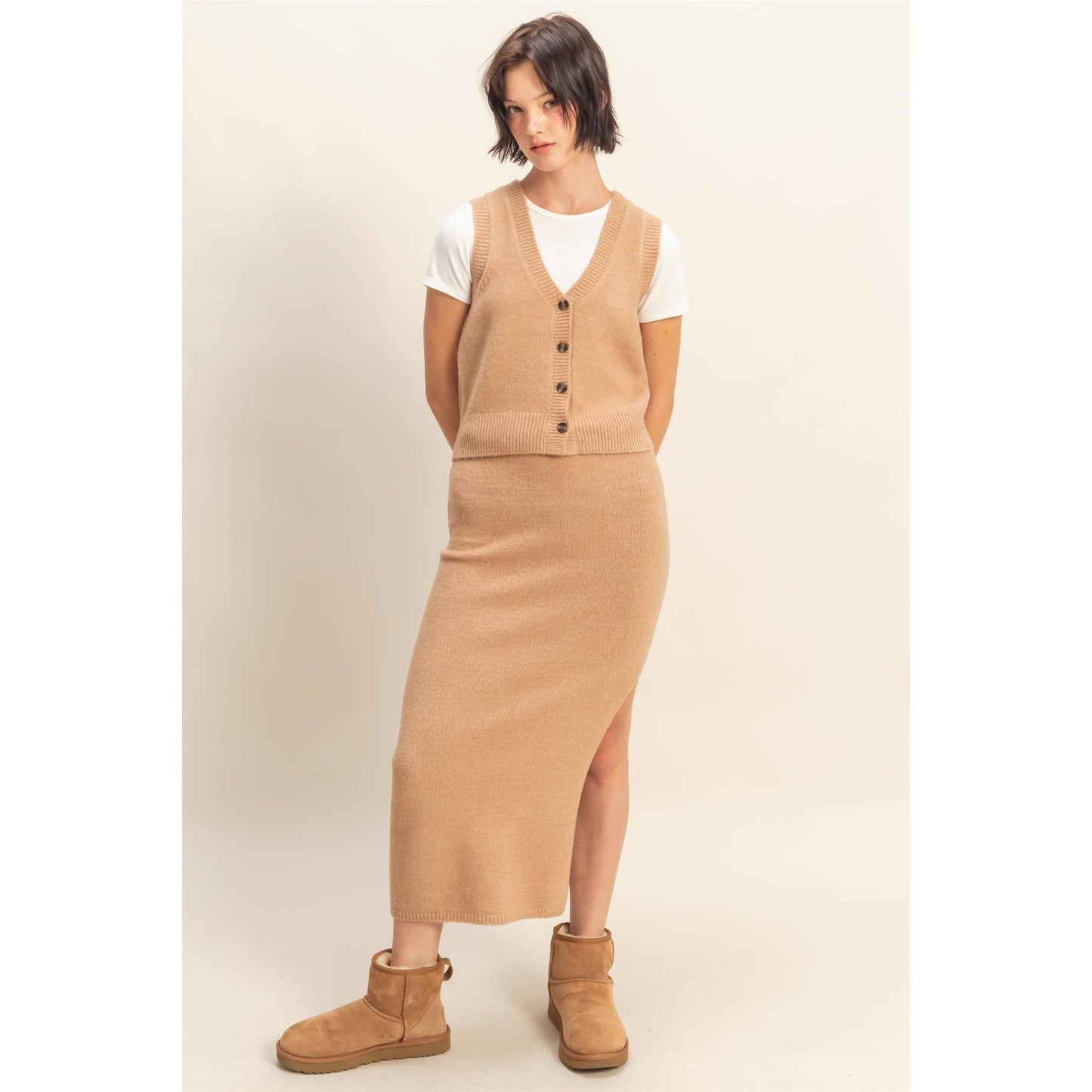 Latte Knit Vest & Midi Skirt Set