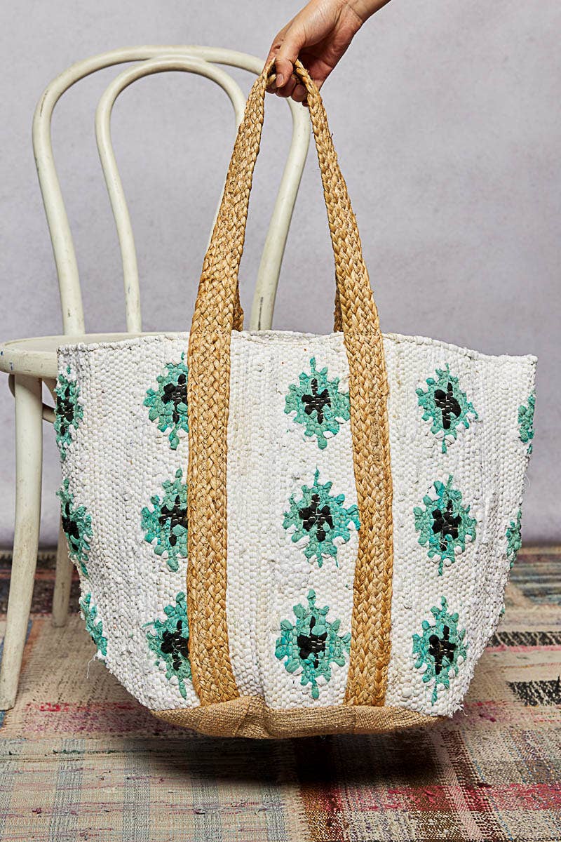 Jumbo Cotton Weave Tote Bag - Teal Ikat