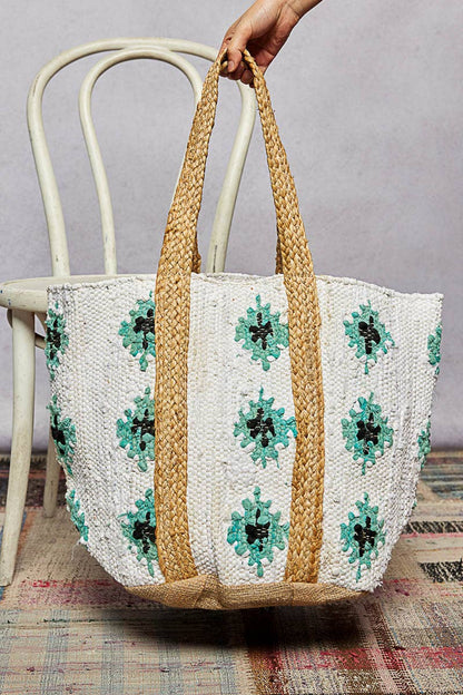 Jumbo Cotton Weave Tote Bag - Teal Ikat